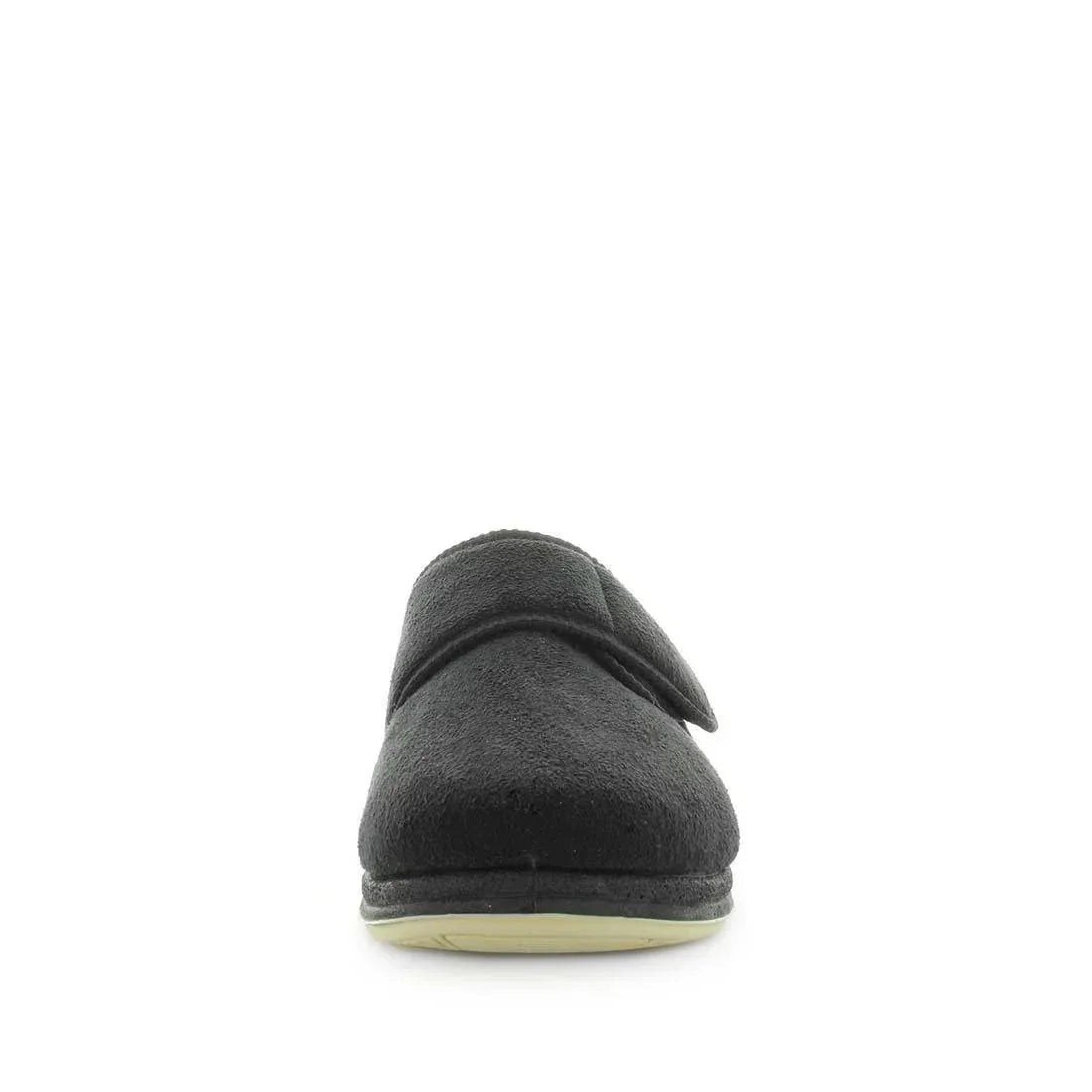 Black microsuede slippers, rear view with closed heel and low sole.