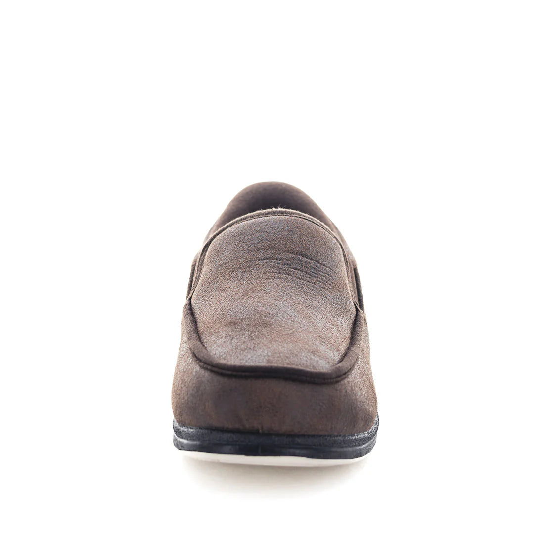 Men's brown suede slip-on slippers, rear view with padded back panel and black sole
