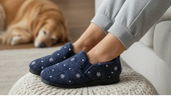 Navy fabric slippers with white starburst pattern, molded black outsole