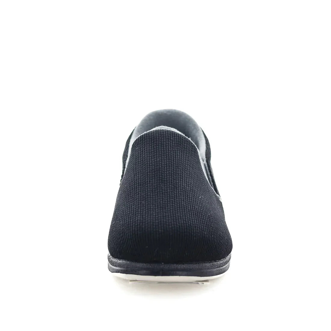 Black slip-on slipper showing heel and grey edging around the collar.