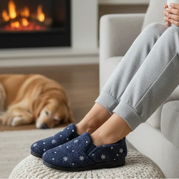 Navy slip-on slippers with white floral snowflake pattern and cushioned sole